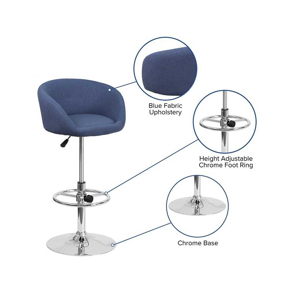 Contemporary Blue Fabric Adjustable Height Barstool with Barrel Back and Chrome Base