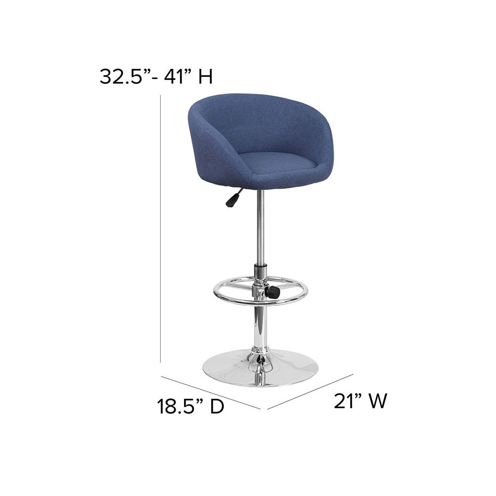 Contemporary Blue Fabric Adjustable Height Barstool with Barrel Back and Chrome Base