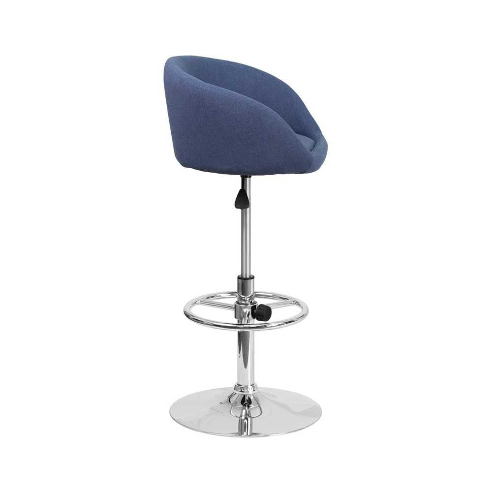 Contemporary Blue Fabric Adjustable Height Barstool with Barrel Back and Chrome Base