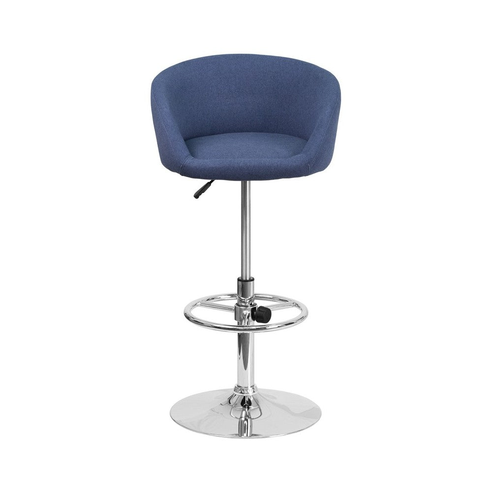 Contemporary Blue Fabric Adjustable Height Barstool with Barrel Back and Chrome Base