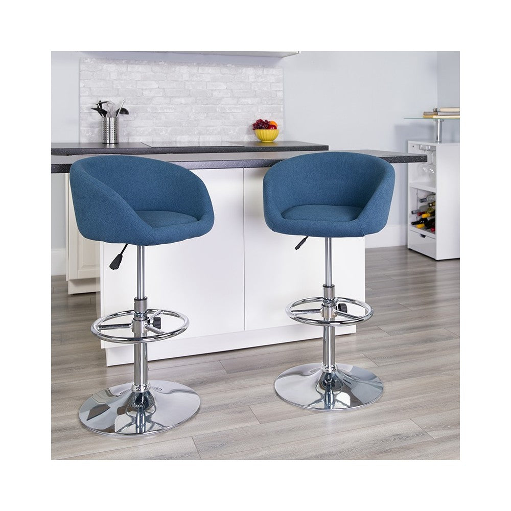 Contemporary Blue Fabric Adjustable Height Barstool with Barrel Back and Chrome Base