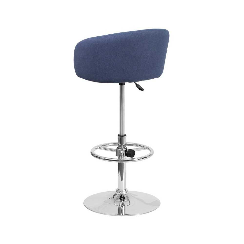 Contemporary Blue Fabric Adjustable Height Barstool with Barrel Back and Chrome Base