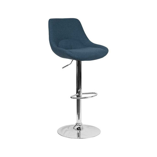 Contemporary Blue Fabric Adjustable Height Barstool with Chrome Base