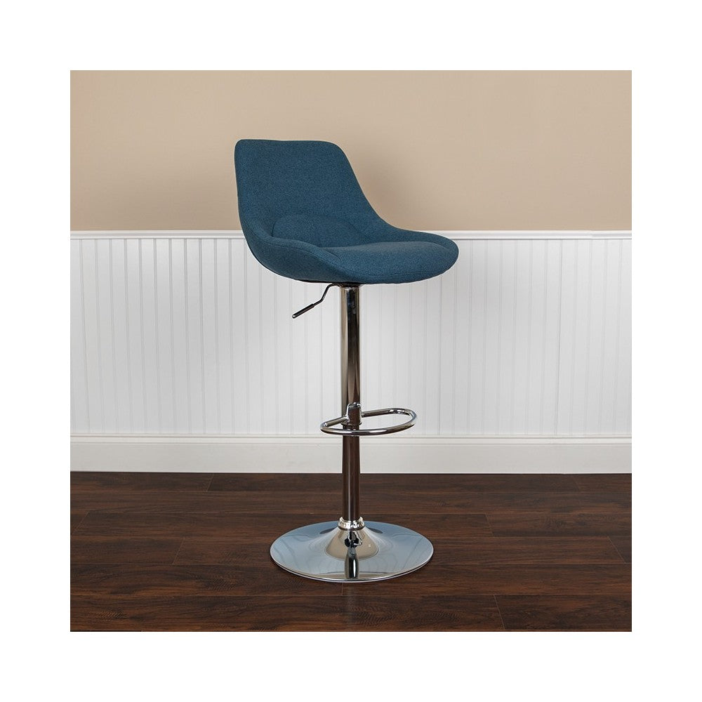 Contemporary Blue Fabric Adjustable Height Barstool with Chrome Base