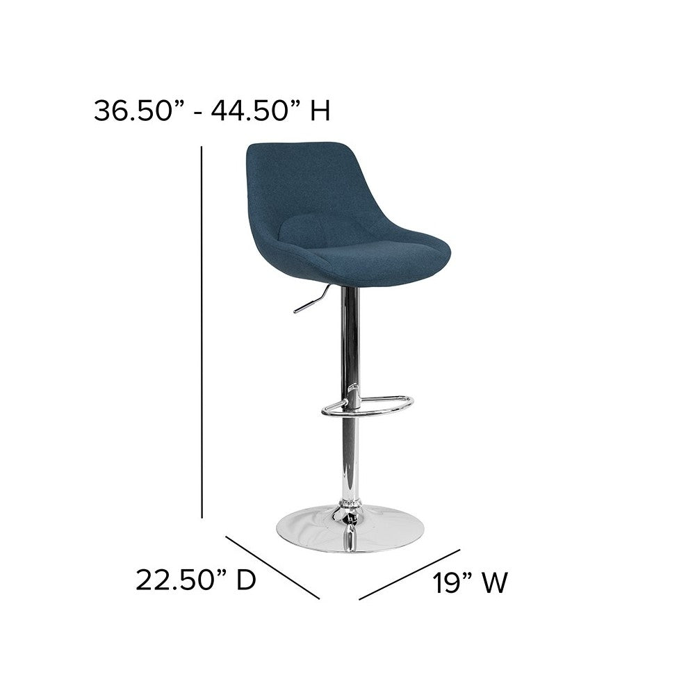 Contemporary Blue Fabric Adjustable Height Barstool with Chrome Base