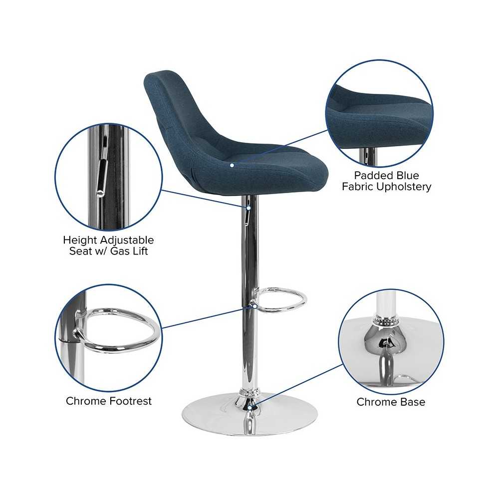 Contemporary Blue Fabric Adjustable Height Barstool with Chrome Base