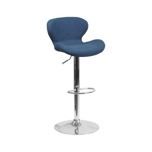 Contemporary Blue Fabric Adjustable Height Barstool with Curved Back and Chrome Base