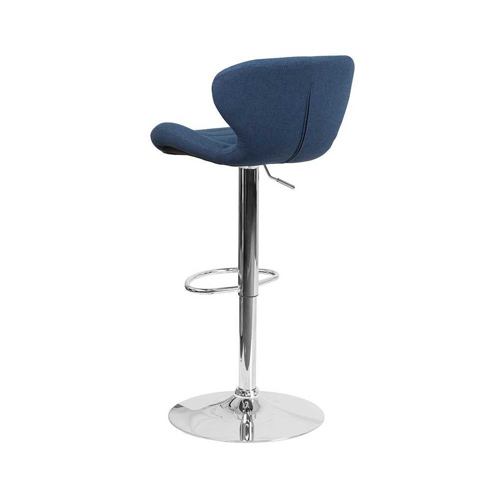 Contemporary Blue Fabric Adjustable Height Barstool with Curved Back and Chrome Base