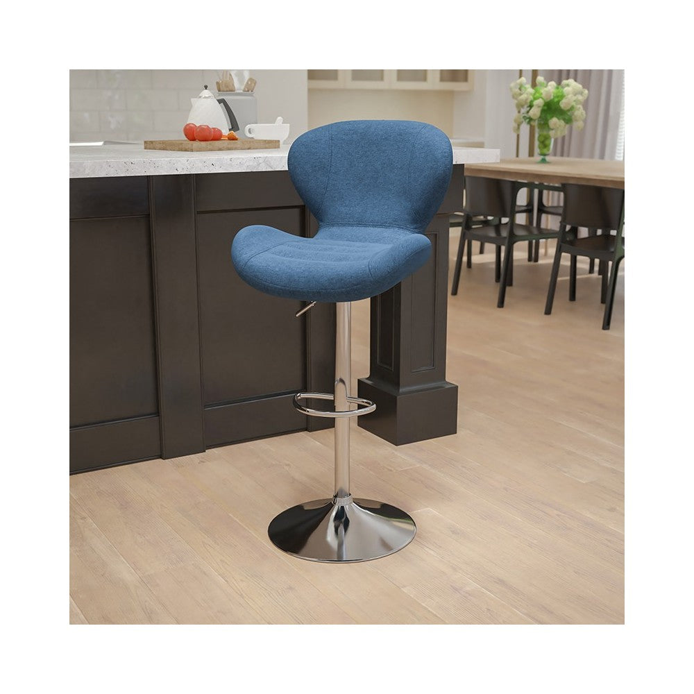 Contemporary Blue Fabric Adjustable Height Barstool with Curved Back and Chrome Base