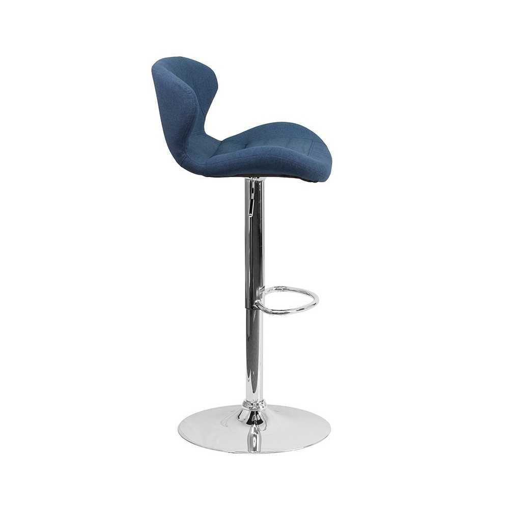 Contemporary Blue Fabric Adjustable Height Barstool with Curved Back and Chrome Base