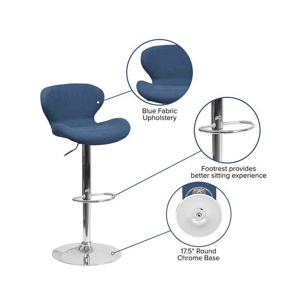 Contemporary Blue Fabric Adjustable Height Barstool with Curved Back and Chrome Base