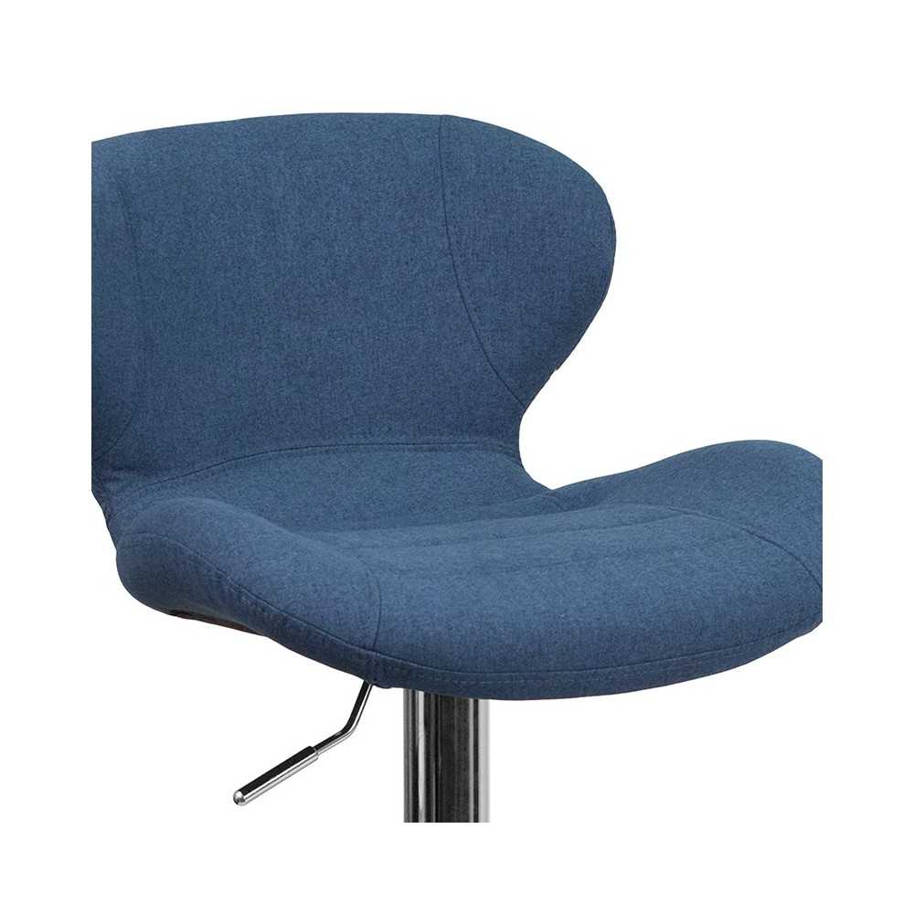 Contemporary Blue Fabric Adjustable Height Barstool with Curved Back and Chrome Base