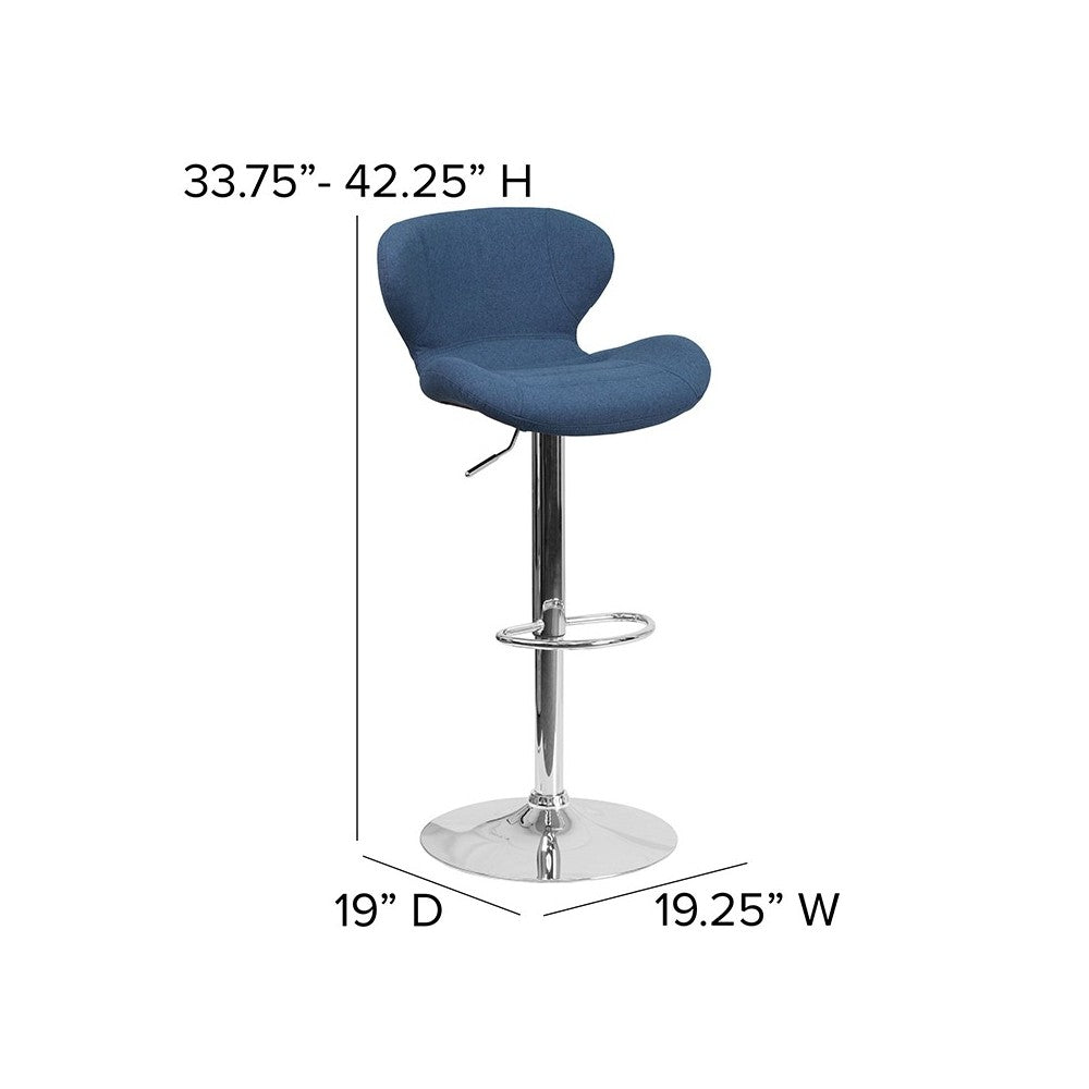 Contemporary Blue Fabric Adjustable Height Barstool with Curved Back and Chrome Base