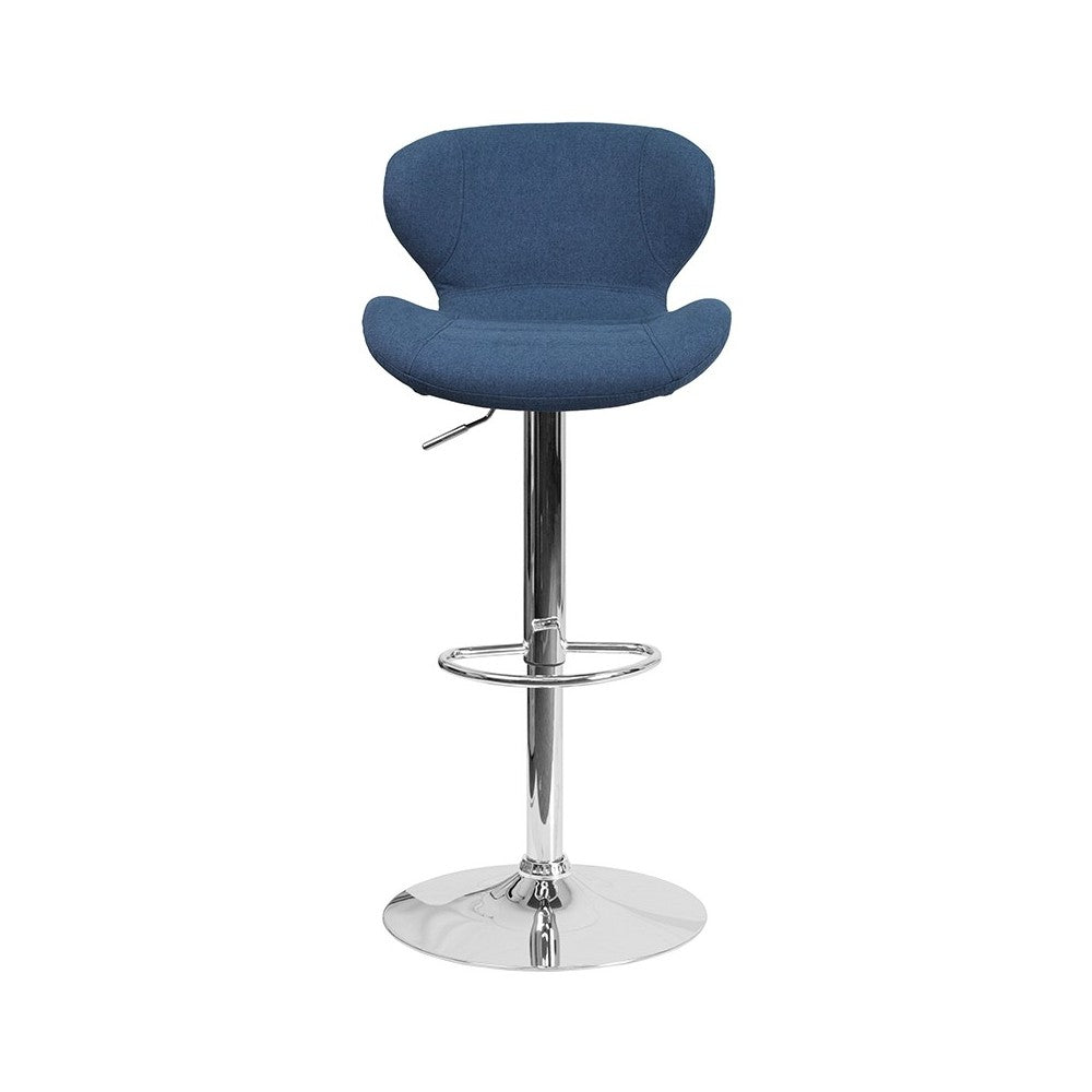 Contemporary Blue Fabric Adjustable Height Barstool with Curved Back and Chrome Base