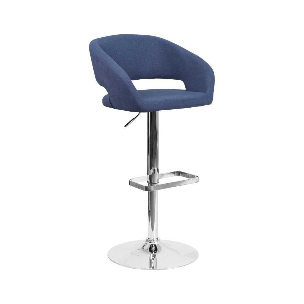 Contemporary Blue Fabric Adjustable Height Barstool with Rounded Mid-Back and Chrome Base