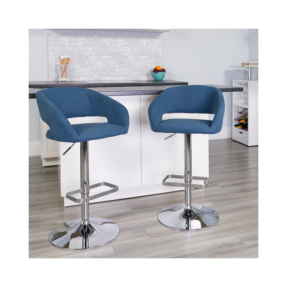 Contemporary Blue Fabric Adjustable Height Barstool with Rounded Mid-Back and Chrome Base