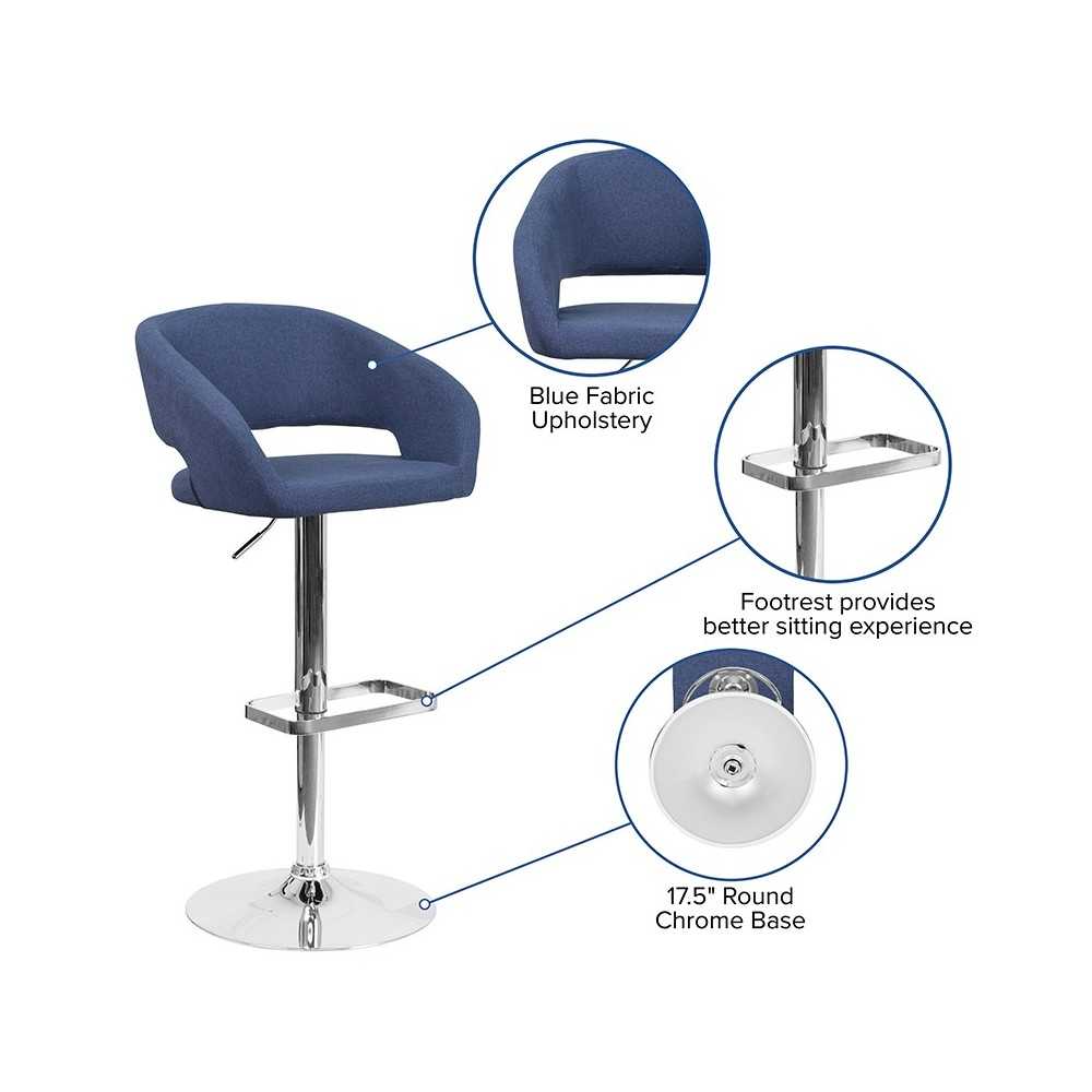 Contemporary Blue Fabric Adjustable Height Barstool with Rounded Mid-Back and Chrome Base