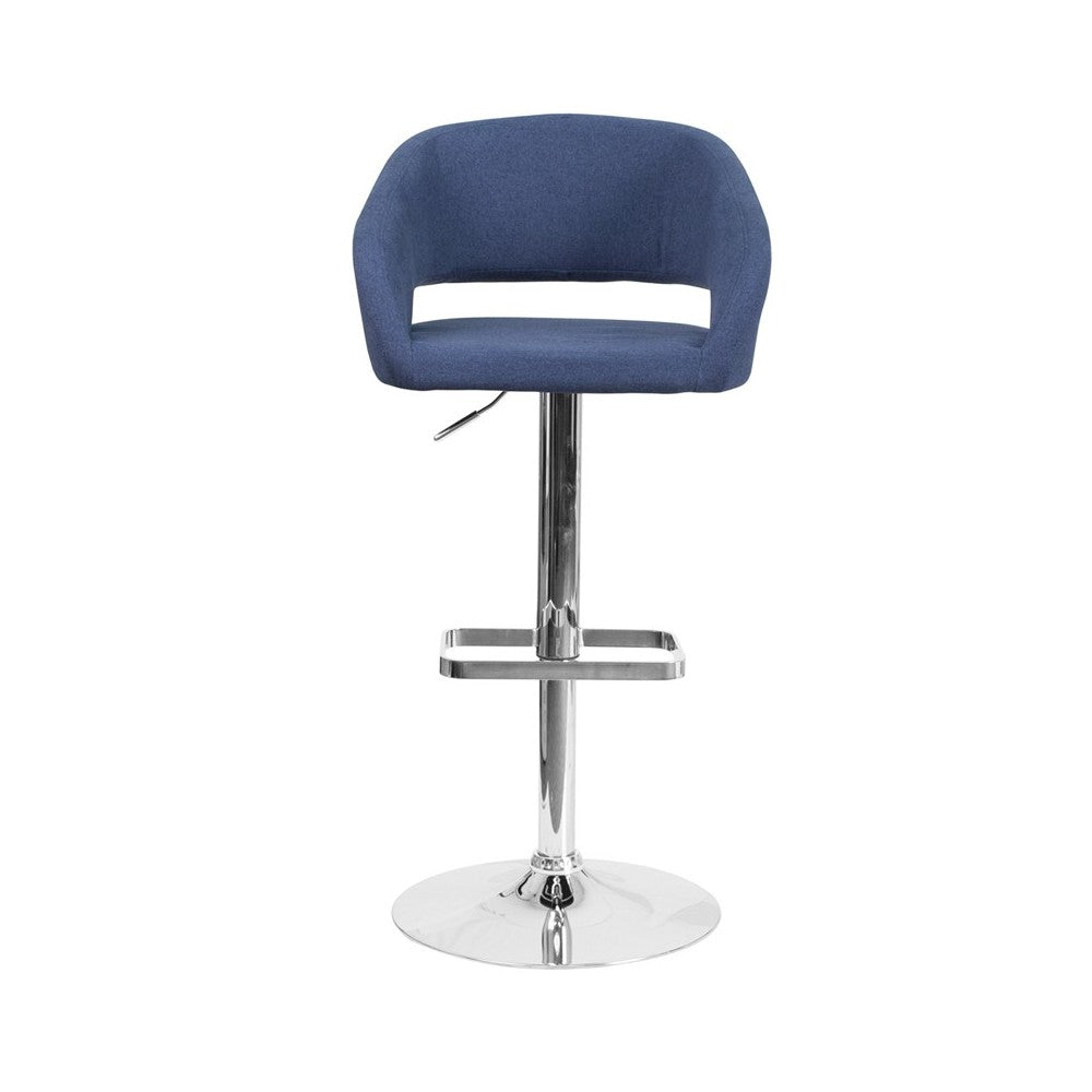 Contemporary Blue Fabric Adjustable Height Barstool with Rounded Mid-Back and Chrome Base