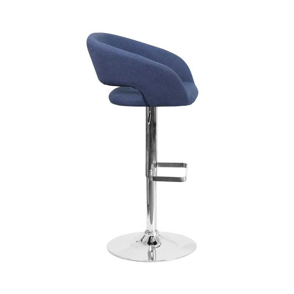 Contemporary Blue Fabric Adjustable Height Barstool with Rounded Mid-Back and Chrome Base