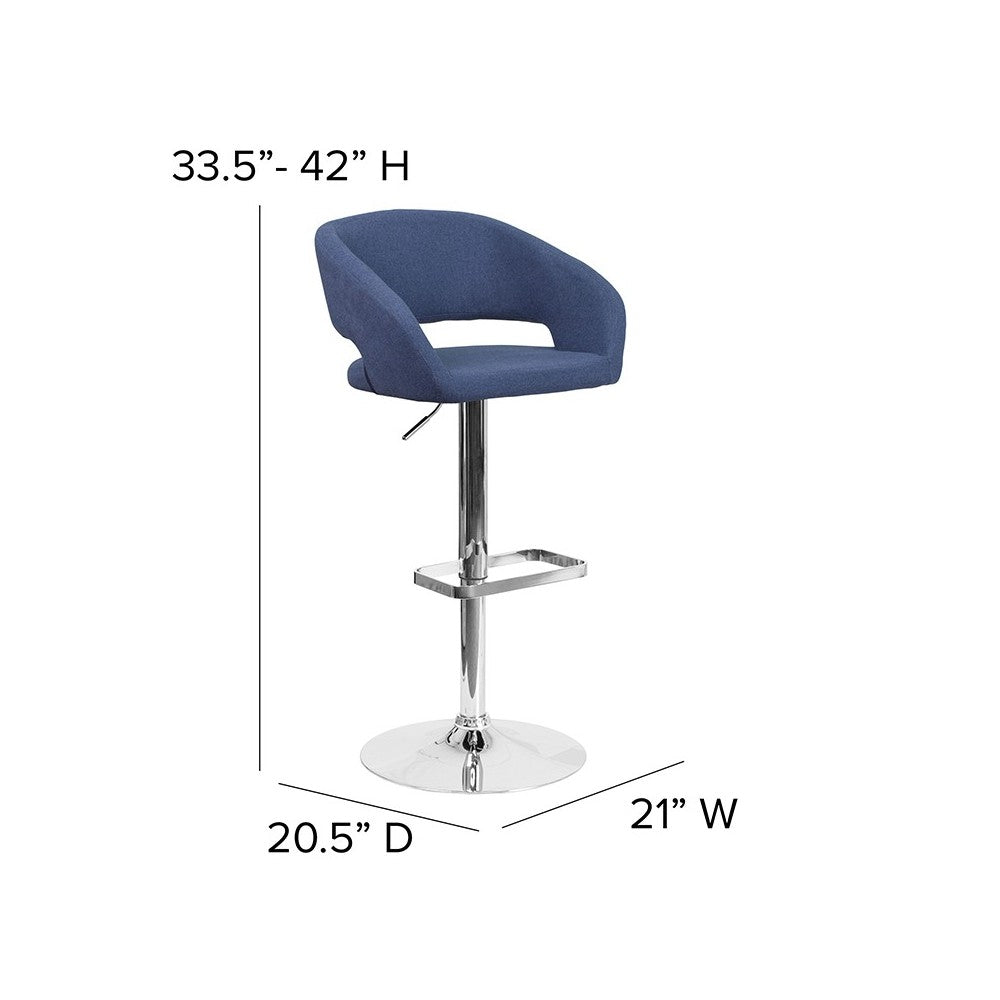 Contemporary Blue Fabric Adjustable Height Barstool with Rounded Mid-Back and Chrome Base