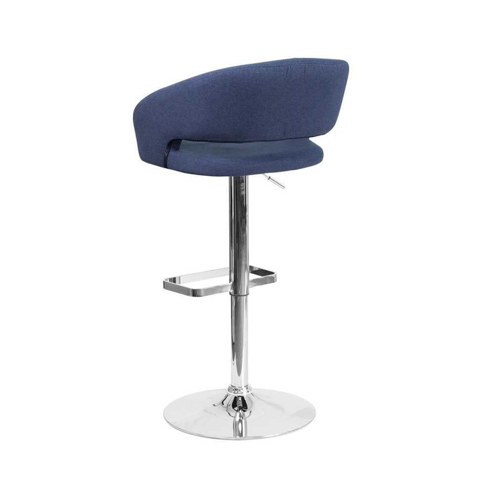 Contemporary Blue Fabric Adjustable Height Barstool with Rounded Mid-Back and Chrome Base