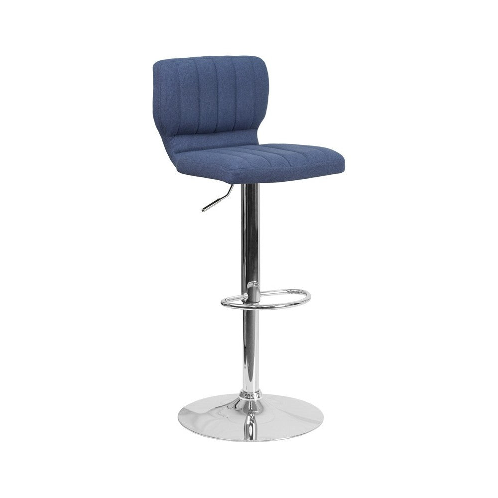 Contemporary Blue Fabric Adjustable Height Barstool with Vertical Stitch Back and Chrome Base