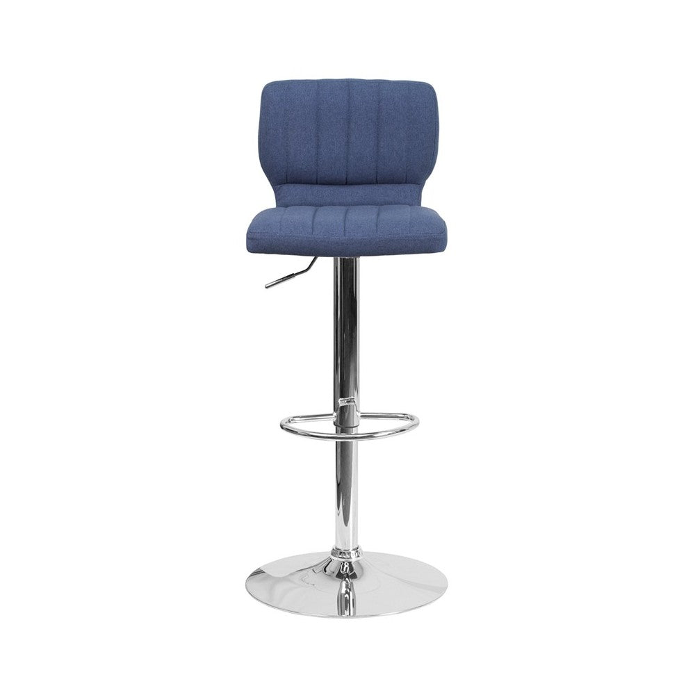 Contemporary Blue Fabric Adjustable Height Barstool with Vertical Stitch Back and Chrome Base