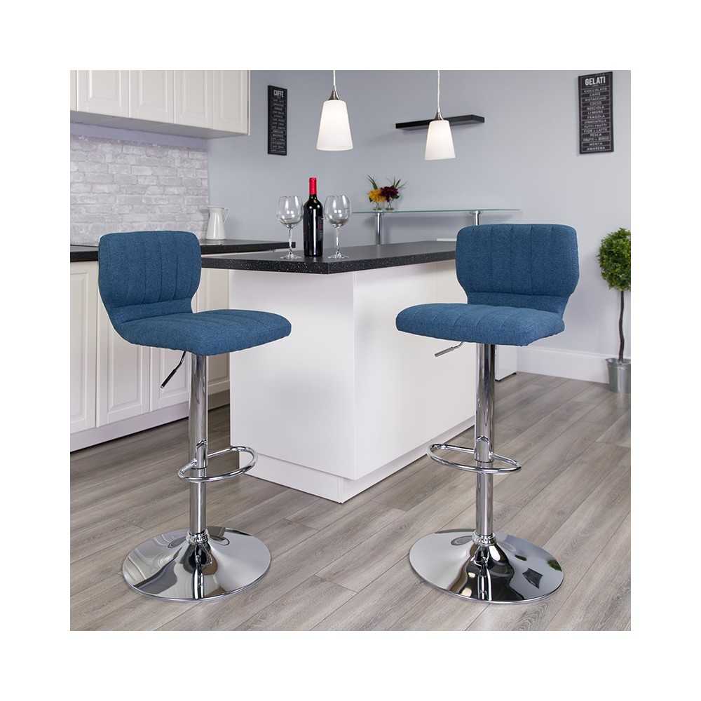 Contemporary Blue Fabric Adjustable Height Barstool with Vertical Stitch Back and Chrome Base