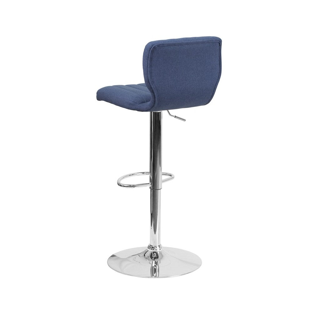 Contemporary Blue Fabric Adjustable Height Barstool with Vertical Stitch Back and Chrome Base