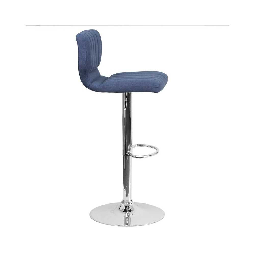 Contemporary Blue Fabric Adjustable Height Barstool with Vertical Stitch Back and Chrome Base