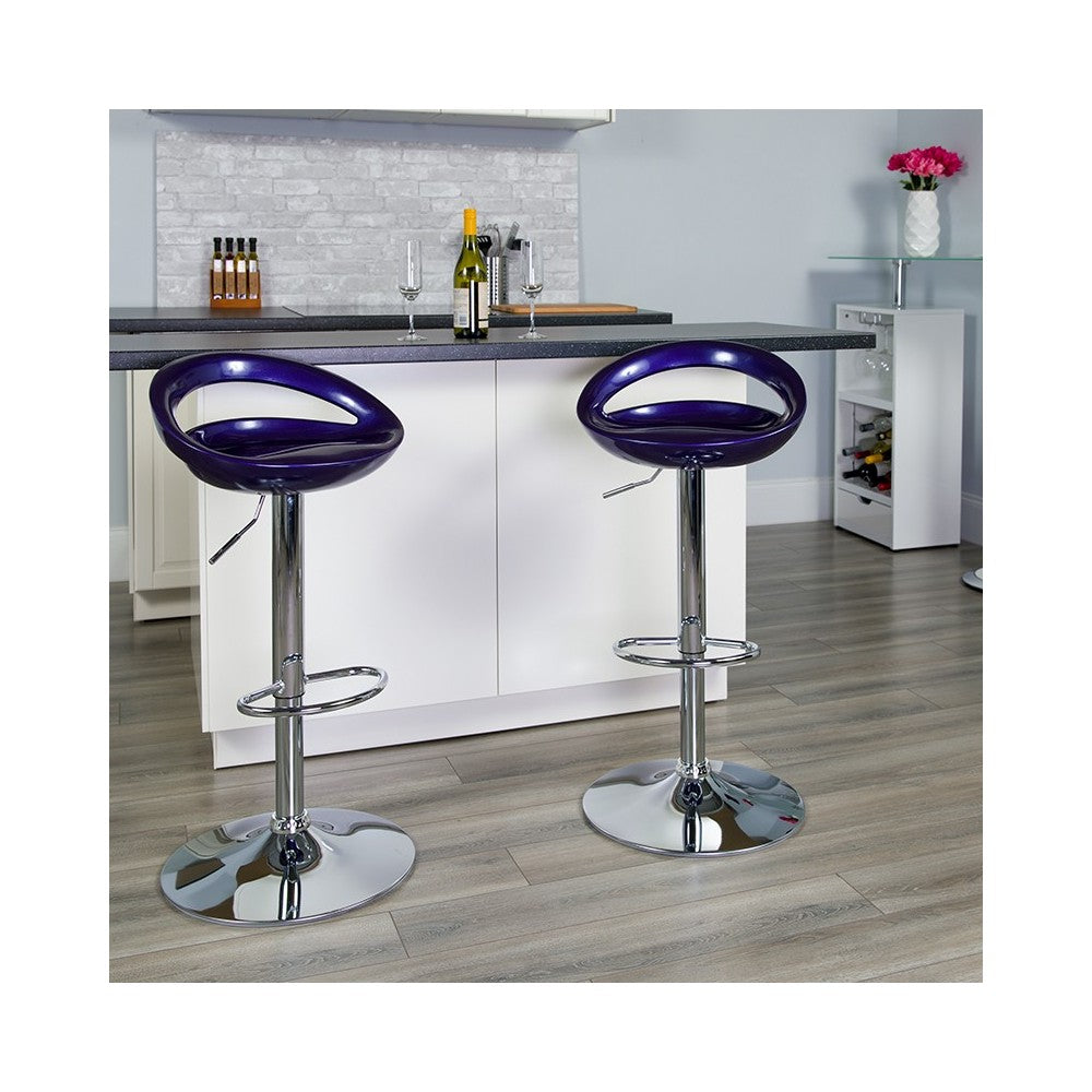 Contemporary Blue Plastic Adjustable Height Barstool with Rounded Cutout Back and Chrome Base