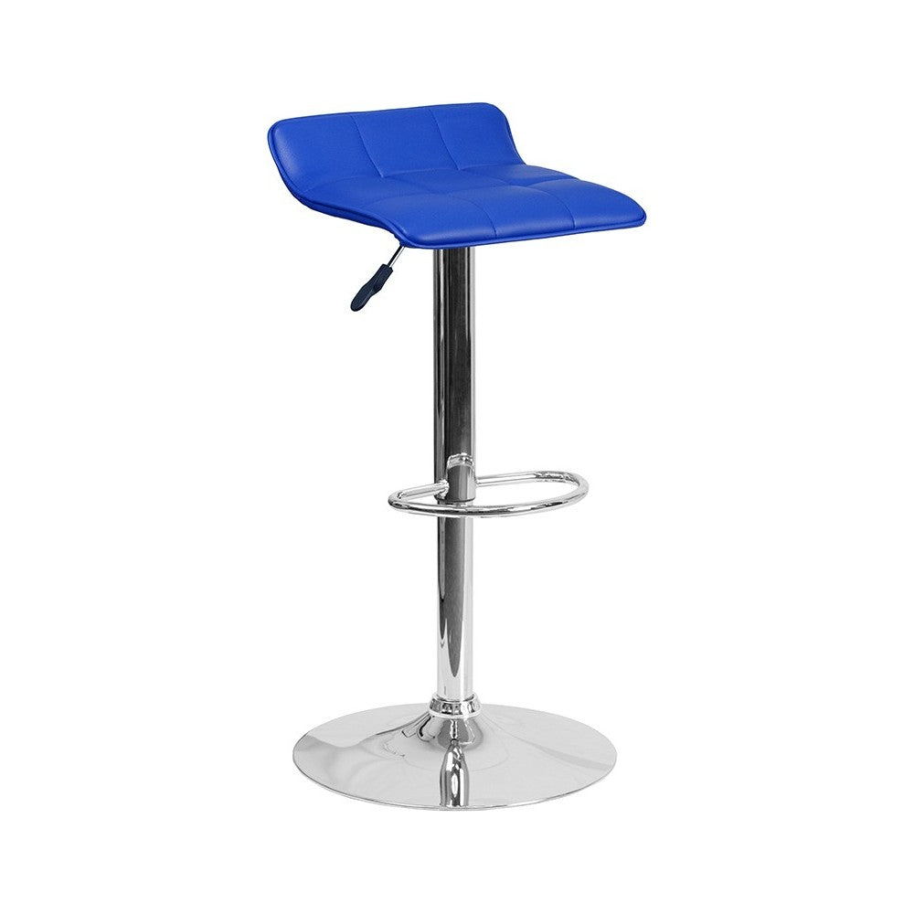 Contemporary Blue Vinyl Adjustable Height Barstool with Quilted Wave Seat and Chrome Base