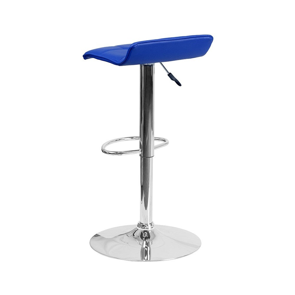 Contemporary Blue Vinyl Adjustable Height Barstool with Quilted Wave Seat and Chrome Base