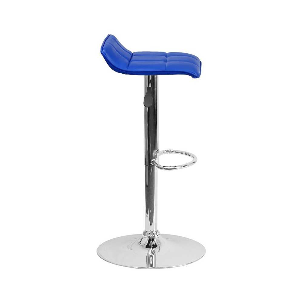 Contemporary Blue Vinyl Adjustable Height Barstool with Quilted Wave Seat and Chrome Base