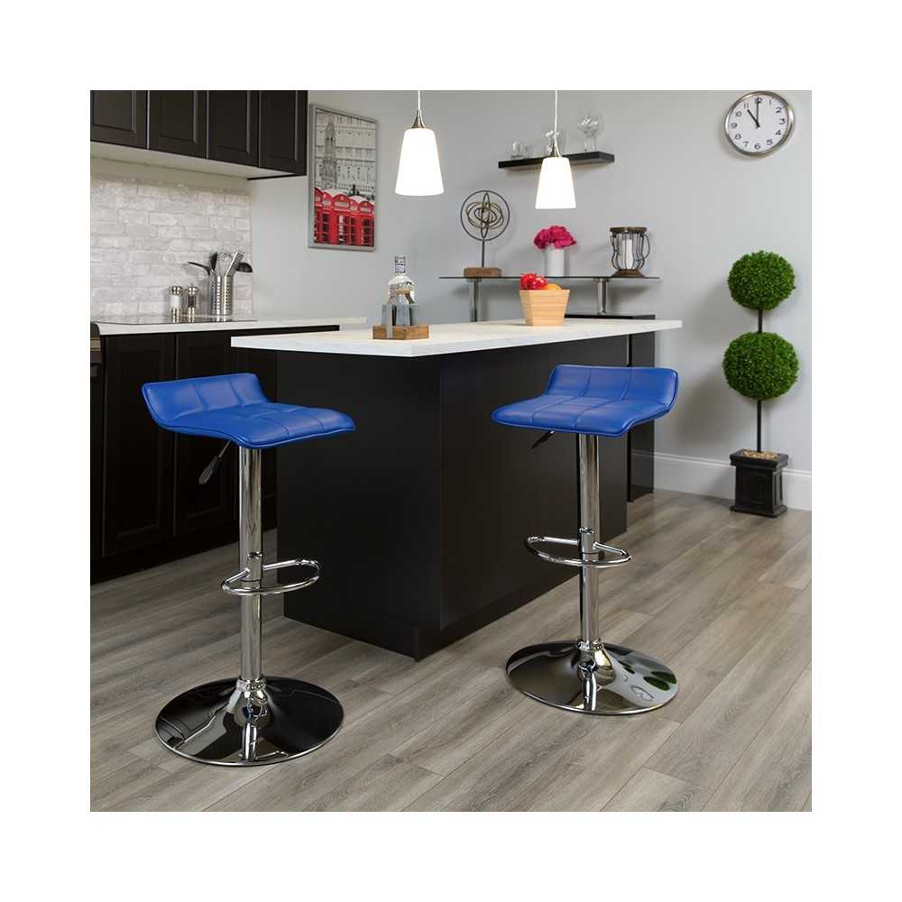 Contemporary Blue Vinyl Adjustable Height Barstool with Quilted Wave Seat and Chrome Base