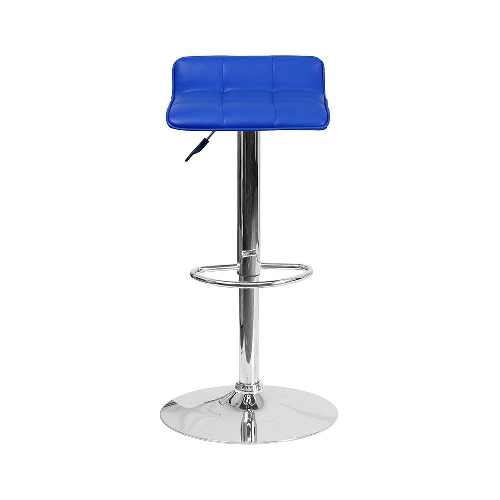 Contemporary Blue Vinyl Adjustable Height Barstool with Quilted Wave Seat and Chrome Base