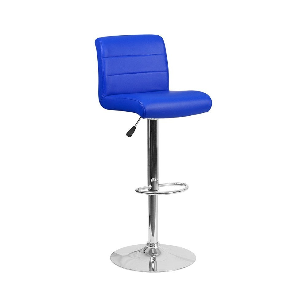 Contemporary Blue Vinyl Adjustable Height Barstool with Rolled Seat and Chrome Base