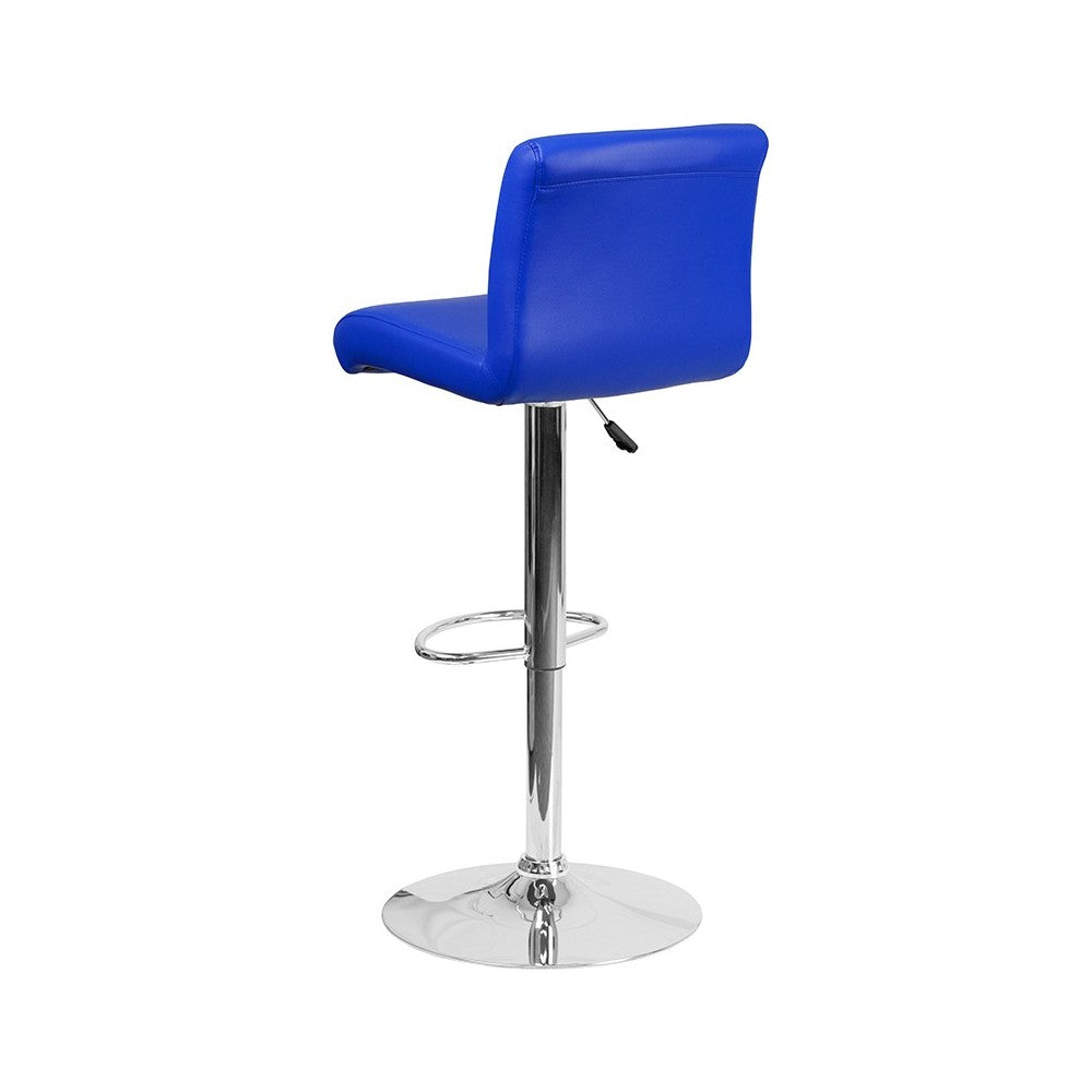 Contemporary Blue Vinyl Adjustable Height Barstool with Rolled Seat and Chrome Base