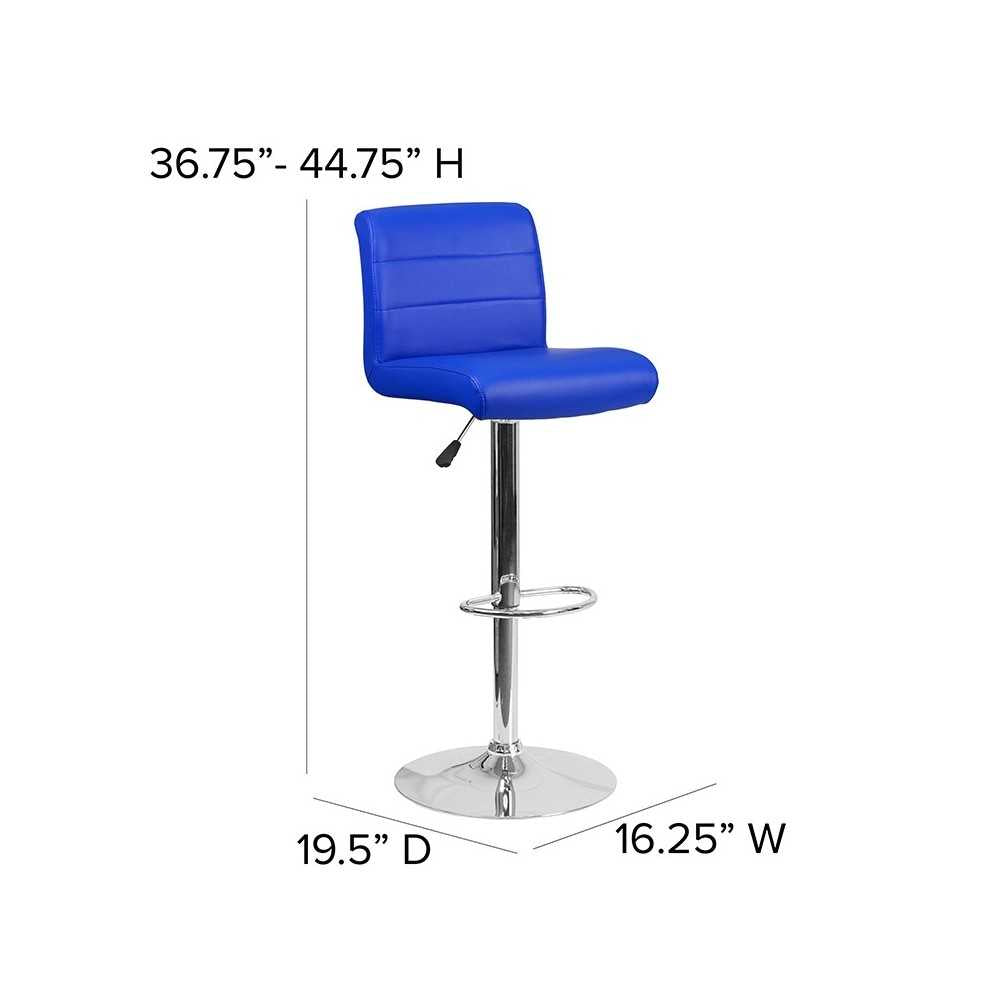 Contemporary Blue Vinyl Adjustable Height Barstool with Rolled Seat and Chrome Base