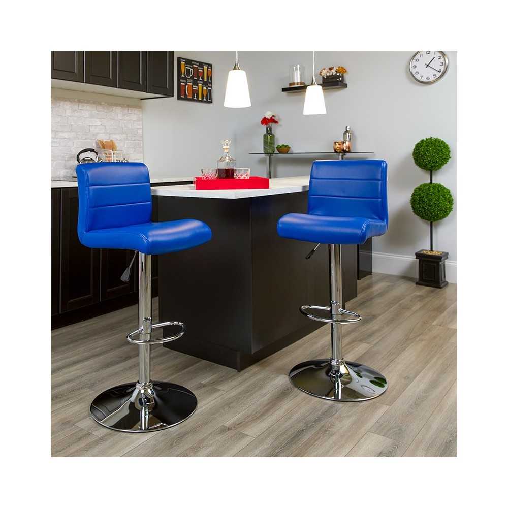 Contemporary Blue Vinyl Adjustable Height Barstool with Rolled Seat and Chrome Base