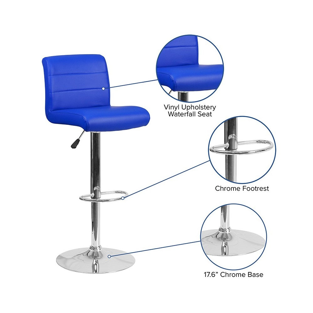 Contemporary Blue Vinyl Adjustable Height Barstool with Rolled Seat and Chrome Base