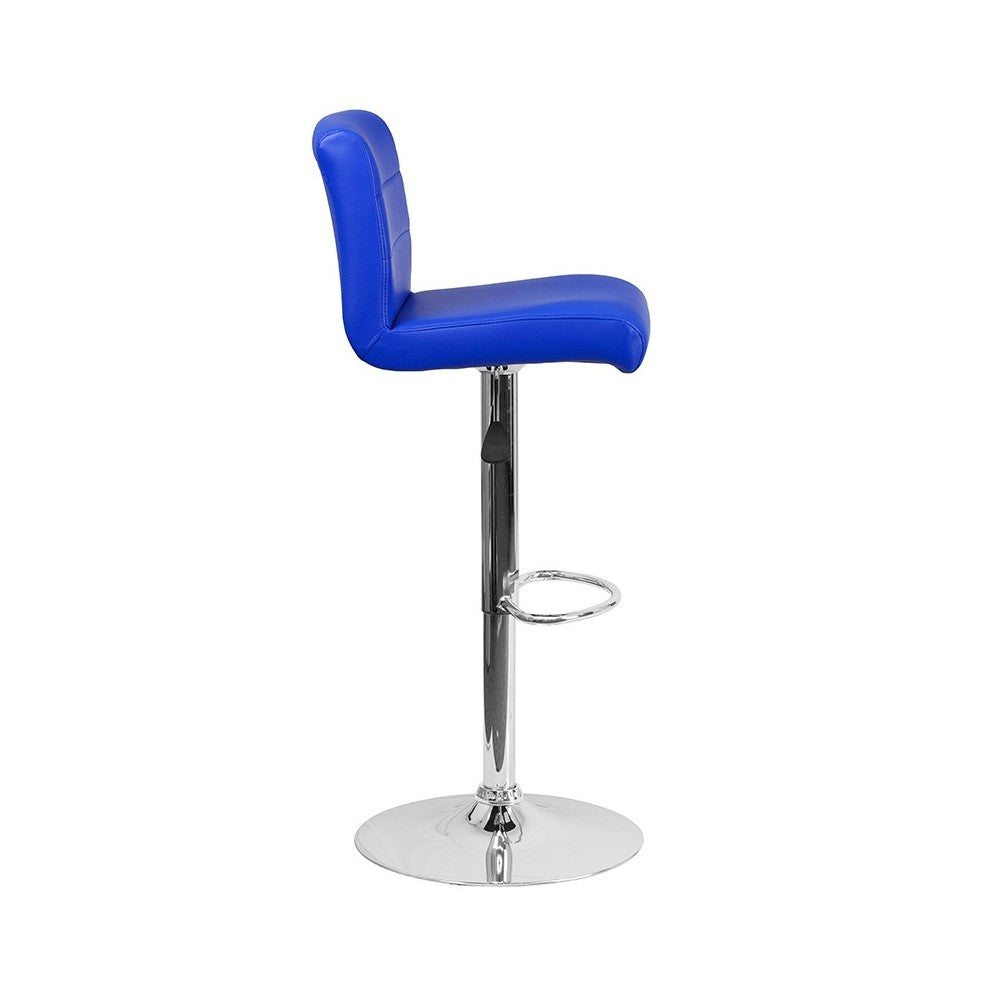 Contemporary Blue Vinyl Adjustable Height Barstool with Rolled Seat and Chrome Base