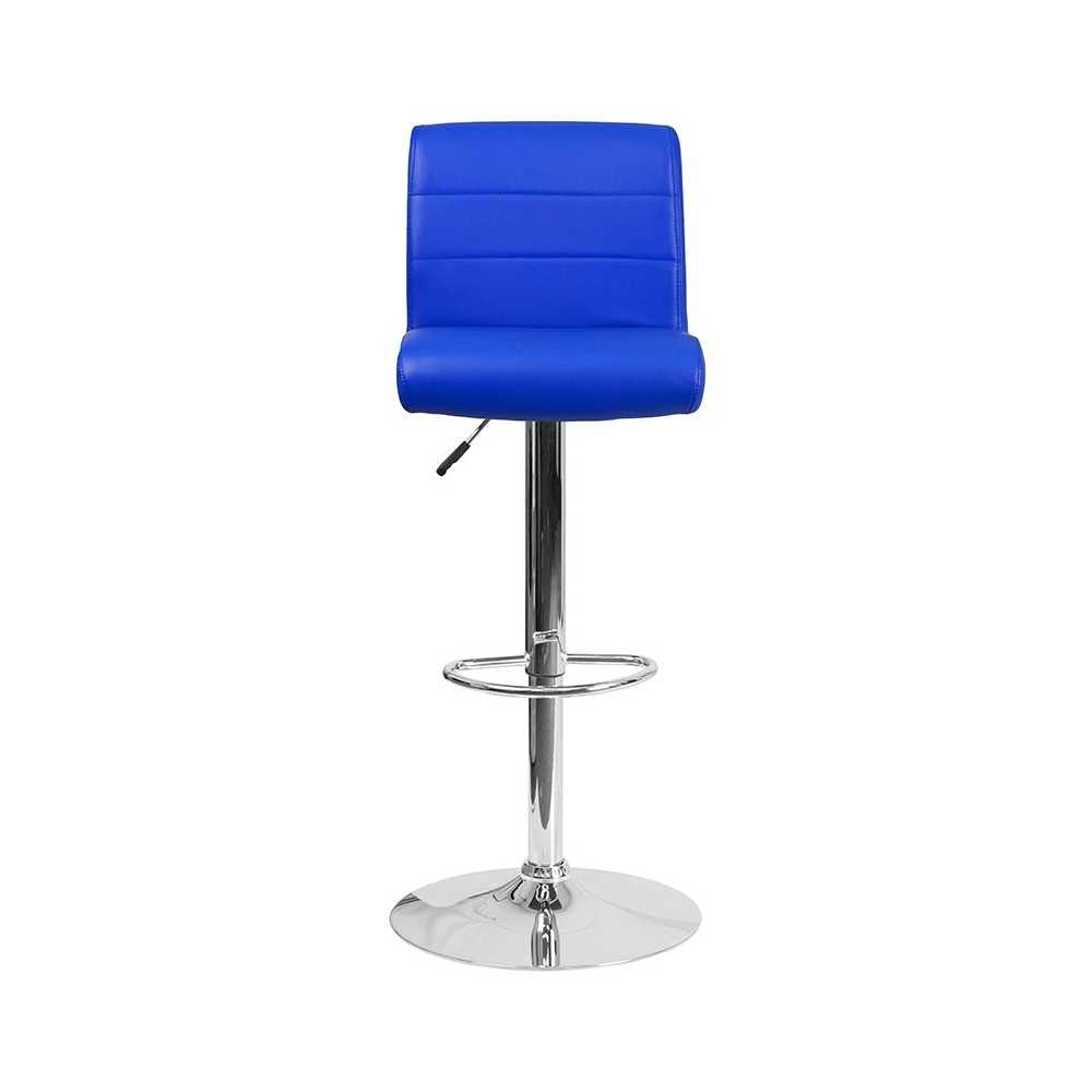 Contemporary Blue Vinyl Adjustable Height Barstool with Rolled Seat and Chrome Base