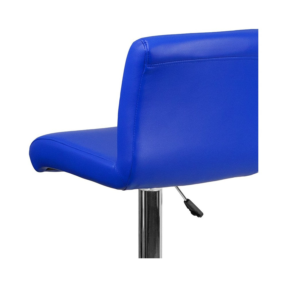 Contemporary Blue Vinyl Adjustable Height Barstool with Rolled Seat and Chrome Base