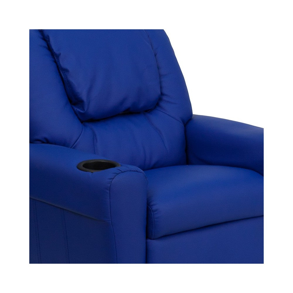 Contemporary Blue Vinyl Kids Recliner with Cup Holder and Headrest