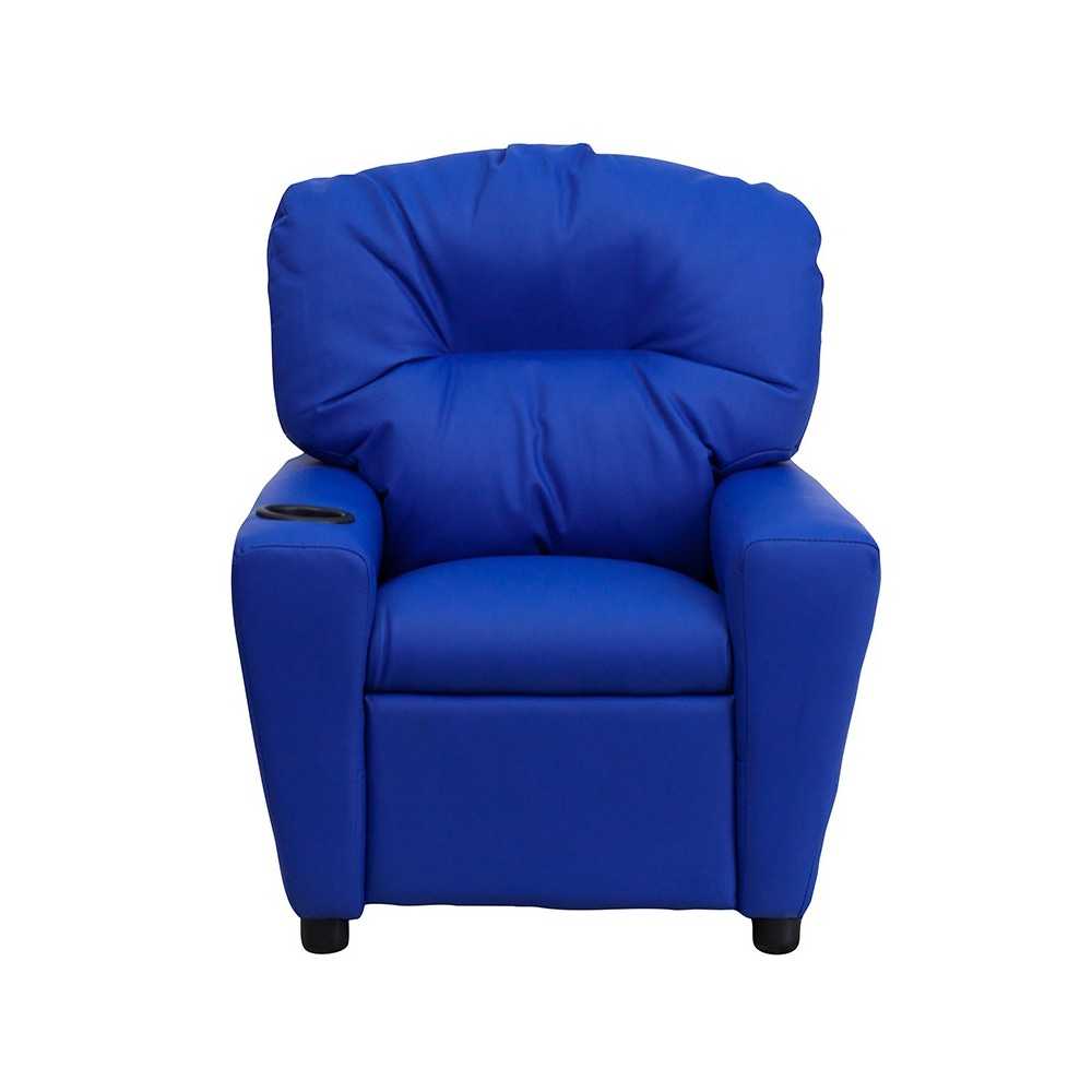 Contemporary Blue Vinyl Kids Recliner with Cup Holder