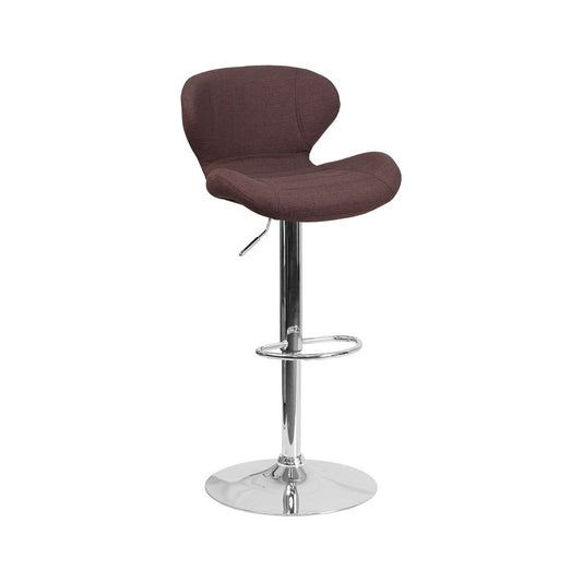 Contemporary Brown Fabric Adjustable Height Barstool with Curved Back and Chrome Base