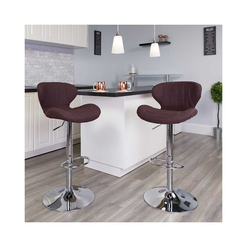 Contemporary Brown Fabric Adjustable Height Barstool with Curved Back and Chrome Base