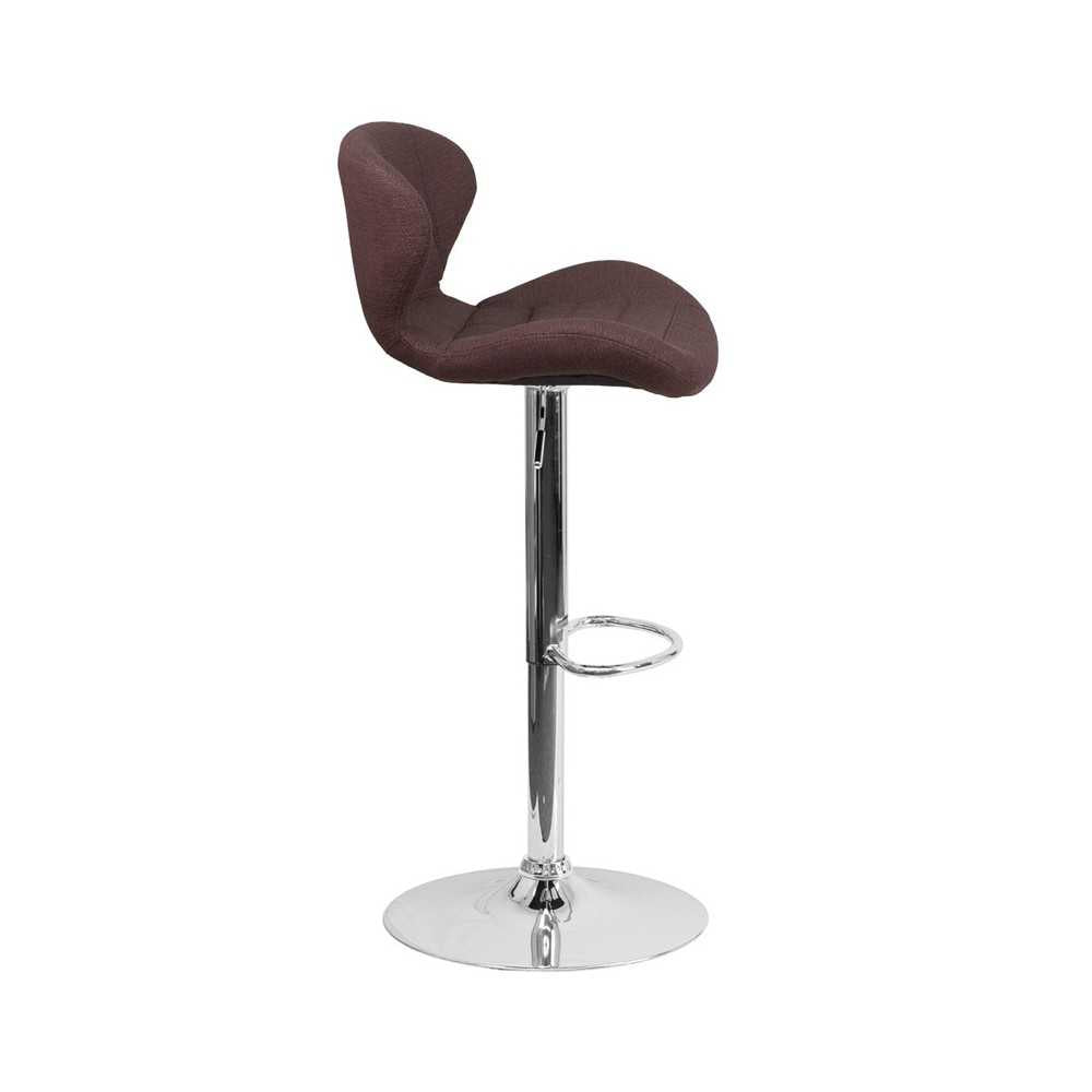 Contemporary Brown Fabric Adjustable Height Barstool with Curved Back and Chrome Base