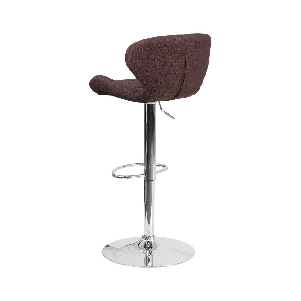 Contemporary Brown Fabric Adjustable Height Barstool with Curved Back and Chrome Base